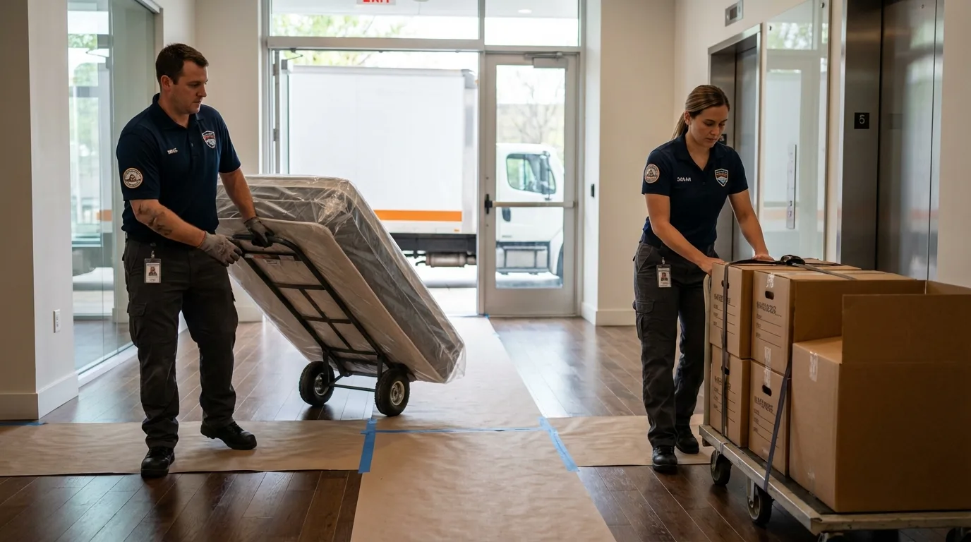 Professional apartment movers loading elevator in Nortonville, KY