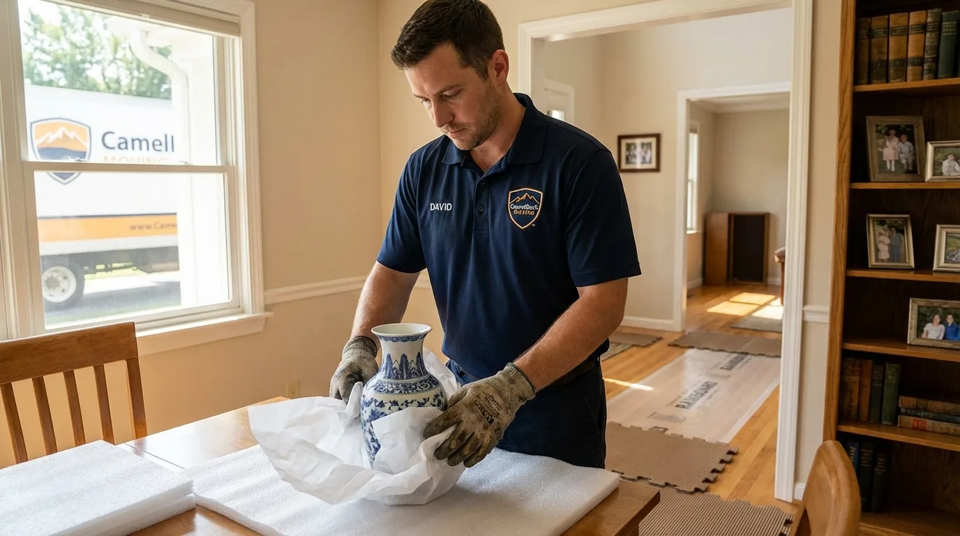 Professional crew carefully wrapping antique vase for senior downsizing move in Nortonville, KY